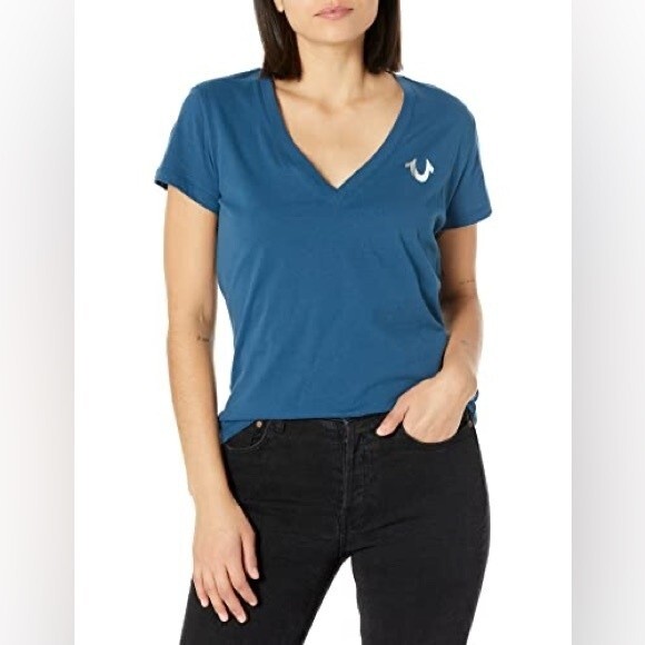 True Religion Poseidon Blue Pop Metallic Puff Buddha V Neck Tee Shirt Size Small - Picture 1 of 4